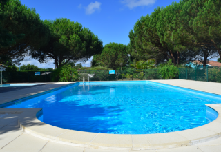 Piscina all'aperto circondata da alberi nel villaggio turistico Seasonova Bassin d'Arcachon, Nouvelle-Aquitaine, Francia.