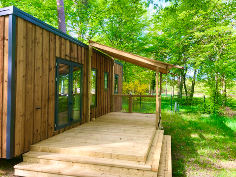 Prestique cabin with wood siding and a covered porch, nestled in a lush green forest landscape in summer.