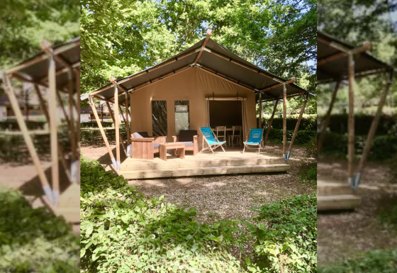 Tienda safari Slow Lodge con terraza de madera, sillas y entorno natural rodeado de árboles verdes.