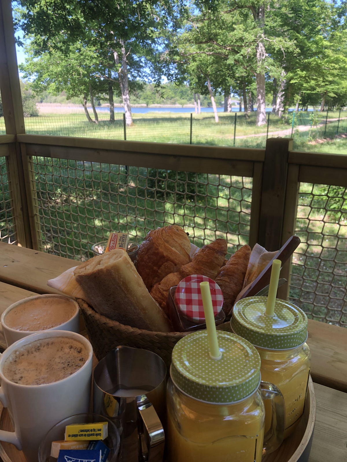 Ontbijt op het terras van een safaritent, koffie, sapjes, brood en gebak, met uitzicht op natuur.