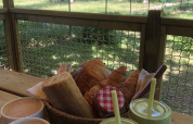 Desayuno en la terraza de una tienda safari con café, jugo, pan y vista a la naturaleza verde.