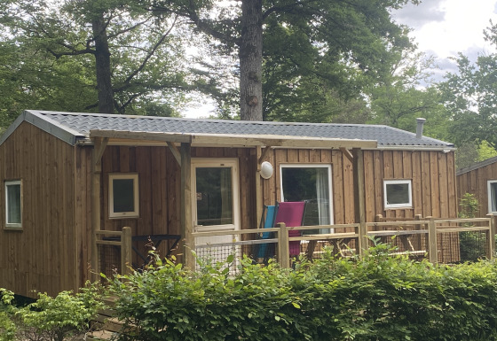 Wooden cottage at Cottage Zen glamping site, featuring a porch and surrounded by lush green trees.