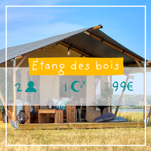Tenda safari dello Slow Life stay al Camping Seasonova L'Etang des Bois in Francia, immersa nella natura.