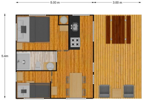 Grundriss eines Safari-Zeltes Wood Lodge + mit Bad und Terrasse im Village Seasonova Bassin d'Arcachon.