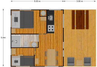 Plano de una tienda safari Wood Lodge + con baño y terraza en Village Seasonova Bassin d'Arcachon, Francia.