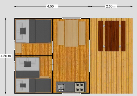 Plano de una tienda safari con dos dormitorios, salón, baño, cocina y terraza de madera.