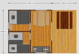 Plano de una tienda safari con dos dormitorios, salón, baño, cocina y terraza de madera.