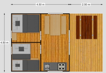 Planimetria di una tenda safari con due camere, soggiorno, bagno, cucina e terrazza in legno.