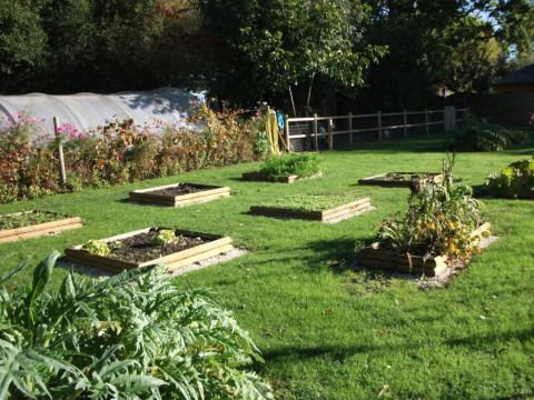 Camas de cultivo elevadas en un jardín verde en Camping Seasonova Haliotis, un parque vacacional en Normandía, Francia.