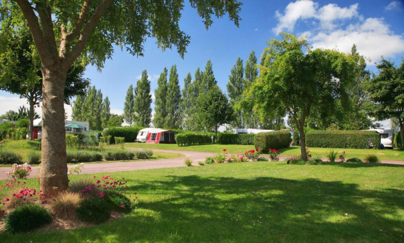 Green campsite with trees, caravans and flowers in sunny weather at Camping Seasonova Haliotis in Normandy, France.