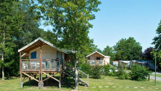 Glamping accommodatie met verhoogde tenten op houten terrassen, omgeven door bomen en grasvelden.