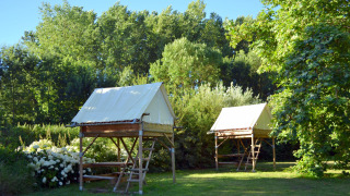 Twee verhoogde Bivouac-tenten op een groen kampeerterrein, omringd door bomen en struiken op een zonnige dag.