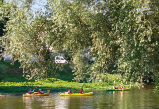 Folk padler i kajakker på en flod omgivet af frodige træer ved Camping Seasonova Les Plages de Loire i Frankrig.