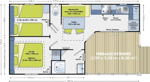 Plattegrond van Cottage Soleo-lodge op Camping Seasonova Haliotis in Frankrijk met kamers en terras.