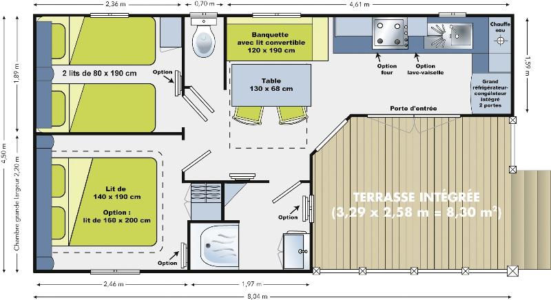 Floor plan of Cottage Soleo lodge at Camping Seasonova Haliotis in France, showing rooms and terrace layout.