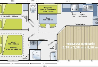Floor plan of Cottage Soleo lodge at Camping Seasonova Haliotis in France, showing rooms and terrace layout.
