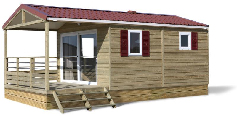 Cabaña de madera en Camping Seasonova Haliotis, Francia, con tejado rojo y porche cubierto.