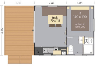 Plantegning af Cottage Zen lodge ved Camping Seasonova Haliotis, med dimensioner og møbelplacering.