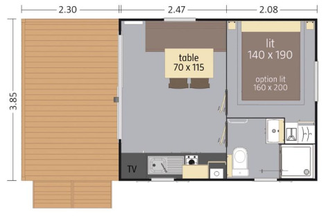 Grundriss der Cottage Zen Lodge im Camping Seasonova Haliotis, Frankreich, mit Möbelmaßen und Zimmern.