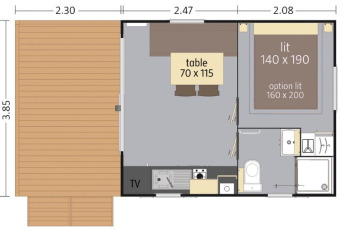 Floor plan of Cottage Zen lodge at Camping Seasonova Haliotis, France, showing layout and dimensions.