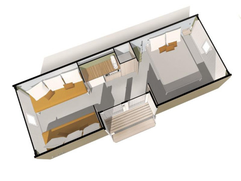 Plano 3D de un alojamiento tipo tienda safari en Slow Life Stay, Camping Seasonova Haliotis en Francia.