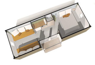 Plano 3D de un alojamiento tipo tienda safari en Slow Life Stay, Camping Seasonova Haliotis en Francia.
