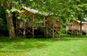 Eco lodge cabins among trees at Camping Seasonova Les Plages de Loire in France, lush green summer scene.