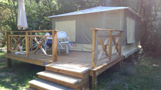 Bungalodge hut met houten terras, tuinstoelen en parasol in een rustige, groene bosomgeving.