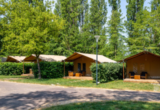 Sfeervolle glamping tenten op Camping Seasonova Vesoul, in Bourgogne-Franche-Comté, Frankrijk, omringd door groen.