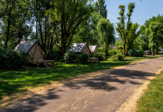 Zelte im Waldgebiet des Camping Seasonova Vesoul, Ferienpark in Bourgogne-Franche-Comté, Frankreich.