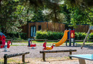 Area giochi con scivolo e altalene al Camping Seasonova Vesoul in Borgogna-Franca Contea, Francia.
