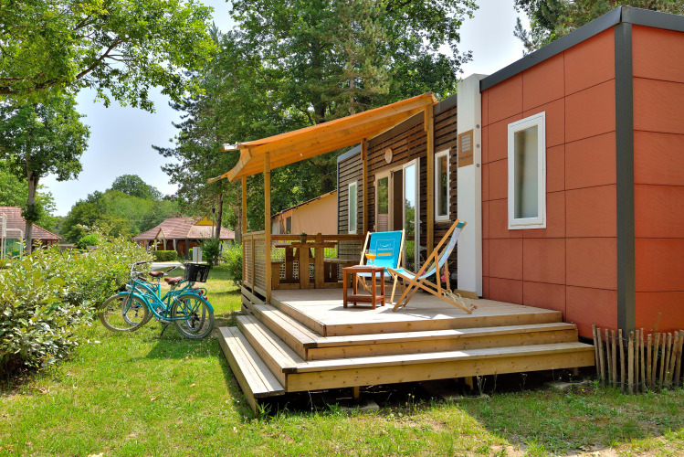Outdoor view of Cottage New Valley with a sunny deck, lounge chairs, bicycles, and lush greenery around.