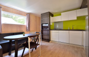 Moderne keuken en eethoek met houten panelen en groene accentmuur in Cottage New Valley.