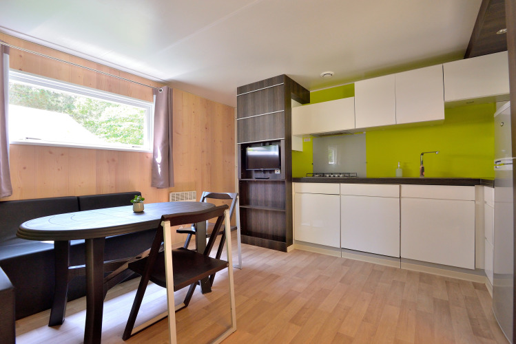Modern kitchen and dining area with wood paneling and green accent wall in Cottage New Valley.