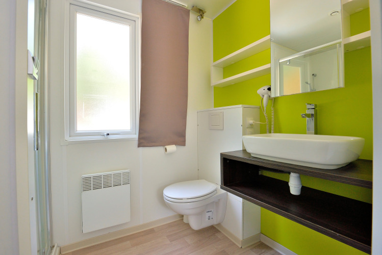 Modern bathroom in Cottage New Valley with wall-mounted toilet, sink, mirror, and green accent wall.