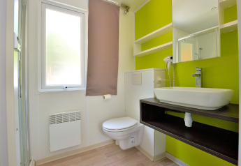 Baño moderno en Cottage New Valley con inodoro de pared, lavabo, espejo y paredes verdes.