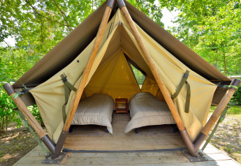 Photo of a teepee tent with two single beds and a wooden floor, set in a peaceful green forest camping area.