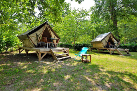 Two elevated teepee-style tents in a green forest, featuring decks and outdoor chairs for relaxation.