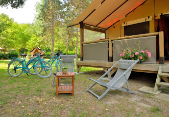 Zona de camping al aire libre con bicicletas azules, silla plegable y flores ante la tienda safari Lodge Victoria.