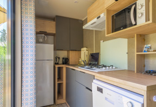 Cocina moderna en alojamiento glamping con estufa, microondas, nevera y lavavajillas integrados.