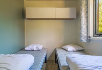 Two single beds with white pillows in a glamping room, window open to lush green trees outside.