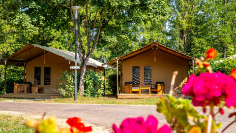 Safaritenten bij Slow Lodge op Camping Seasonova Vesoul in Frankrijk, omringd door bomen en kleurrijke bloemen.