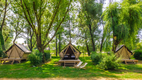 Drie tipi tenten staan verspreid onder groene bomen op een camping, met stoelen en tafels bij elk tent.
