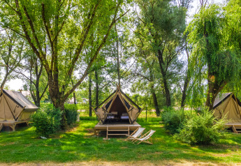 Drie tipi tenten staan verspreid onder groene bomen op een camping, met stoelen en tafels bij elk tent.