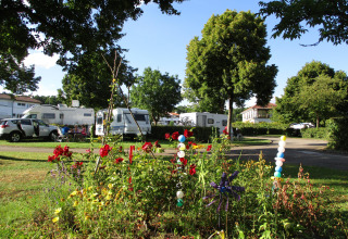 Camping Seasonova Vittel in Grand Est, France, with motorhomes, lush flowers, and trees on a sunny day.