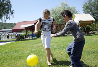 To børn leger sammen med en gul bold på græsset i Camping Seasonova Les Portes d'Alsace, Grand Est, Frankrig.