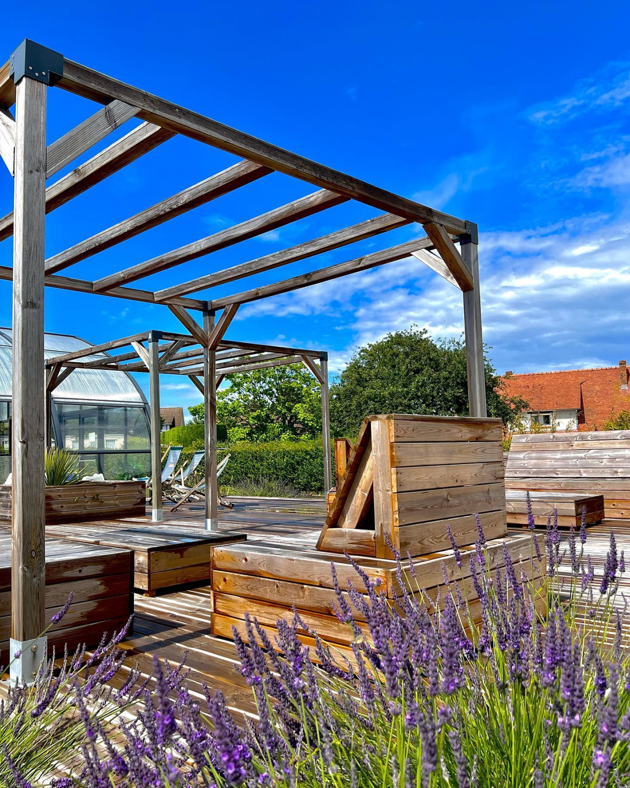 Buiten glampingruimte met houten terras, zitbanken, bloeiende lavendel en een heldere blauwe lucht.