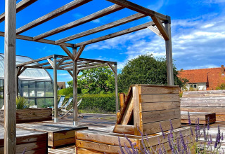 Área de glamping al aire libre con terraza de madera, bancos, lavanda en flor y cielo azul despejado.