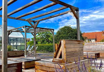 Buiten glampingplaats met houten terras, zitbanken, bloeiende lavendel en een stralend blauwe lucht.