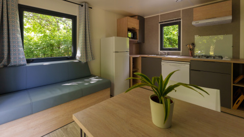 Modern lodge-interieur met eettafel, groene plant, sofa en keuken, met grote ramen en zicht op het groen.
